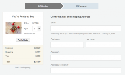 Screenshot of first step of checkout process.